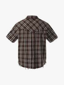 BLACK ENERGY | Studded Frayed Plaid Shirt in Brown - back view