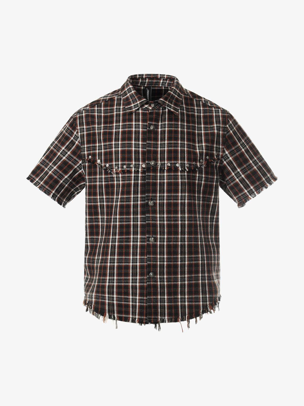 BLACK ENERGY | Studded Frayed Plaid Shirt in Brown - front view