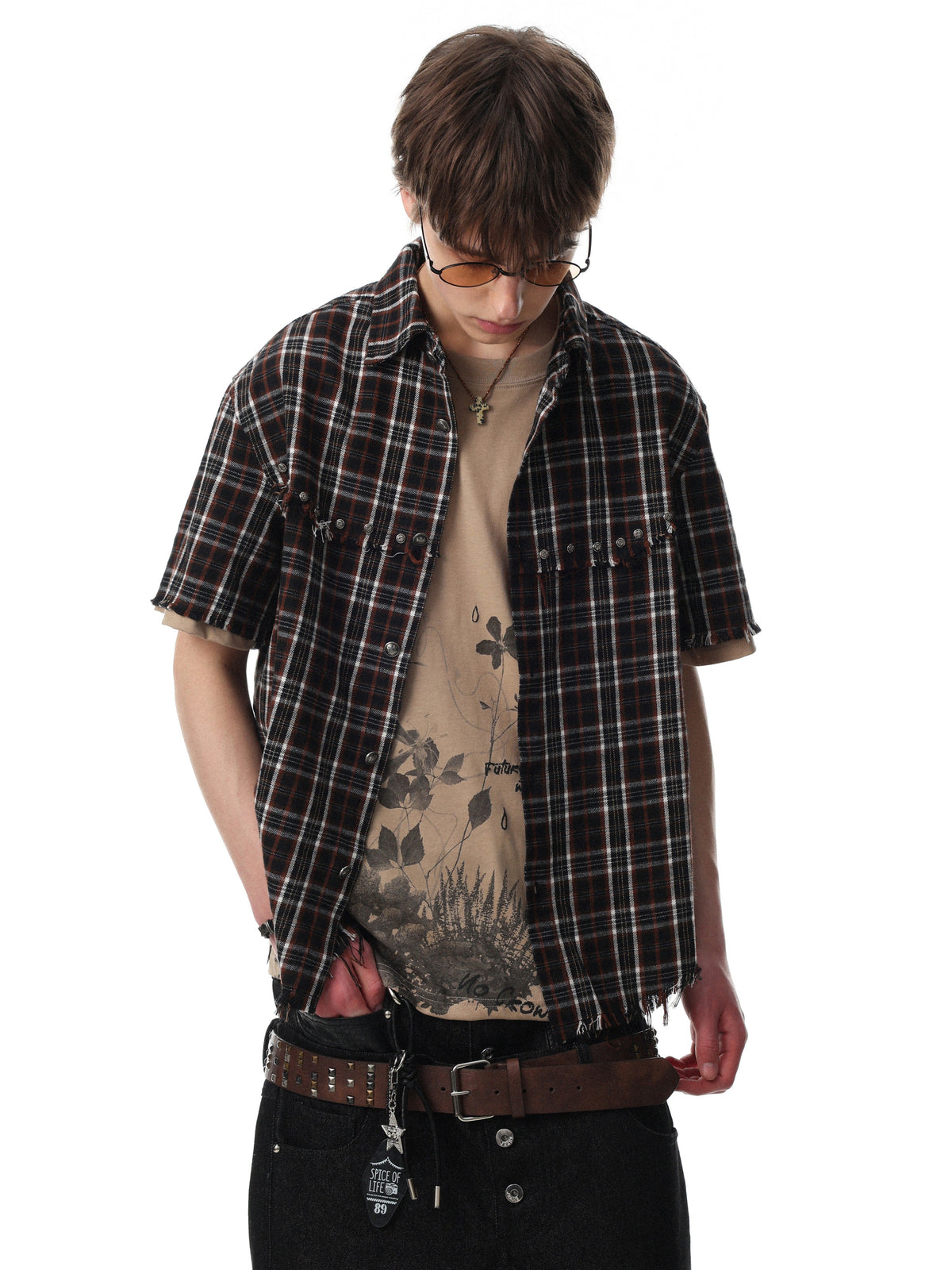 BLACK ENERGY | Studded Frayed Plaid Shirt in Brown - model view