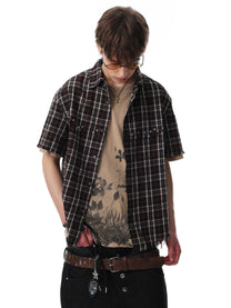 BLACK ENERGY | Studded Frayed Plaid Shirt in Brown - model view