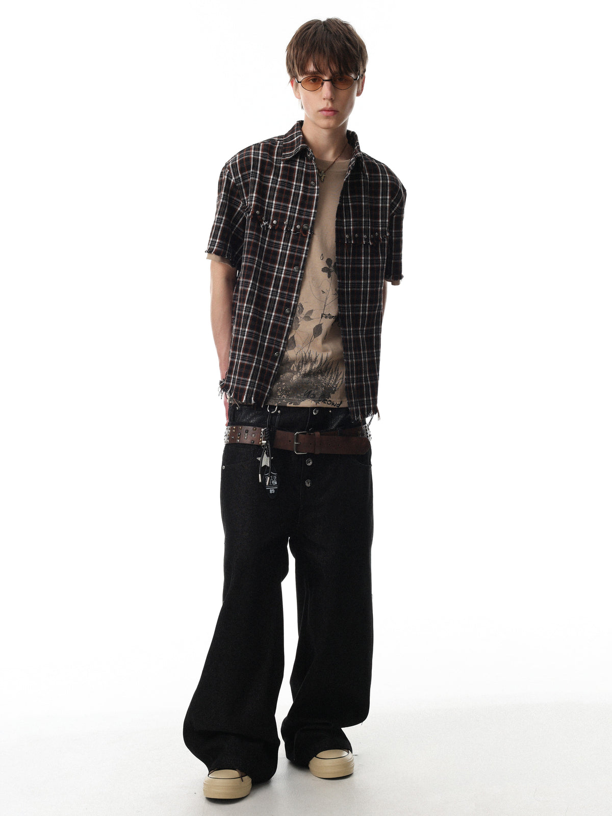 BLACK ENERGY | Studded Frayed Plaid Shirt in Brown - model view