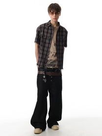 BLACK ENERGY | Studded Frayed Plaid Shirt in Brown - model view