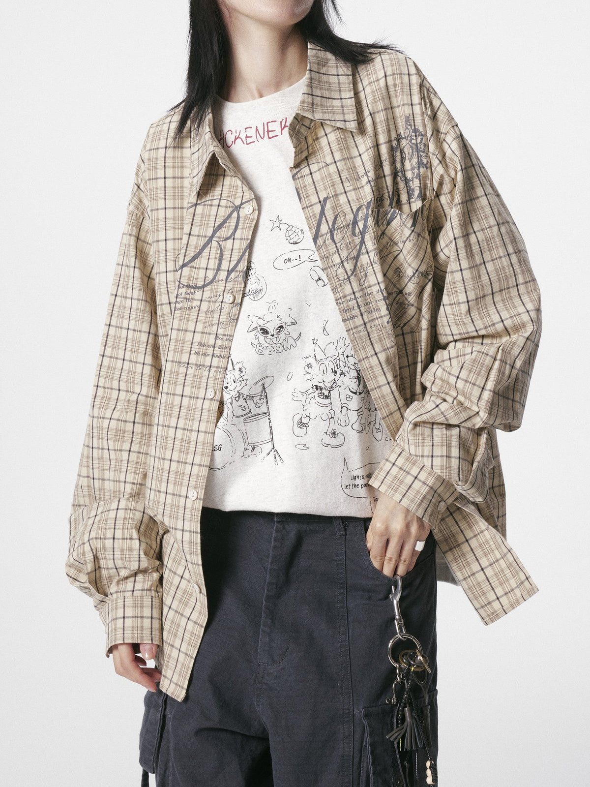 BLACK ENERGY | Ornate Script Plaid Shirt in Beige - model view