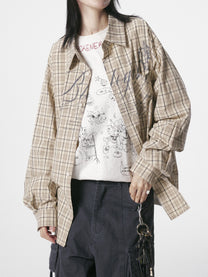BLACK ENERGY | Ornate Script Plaid Shirt in Beige - model view