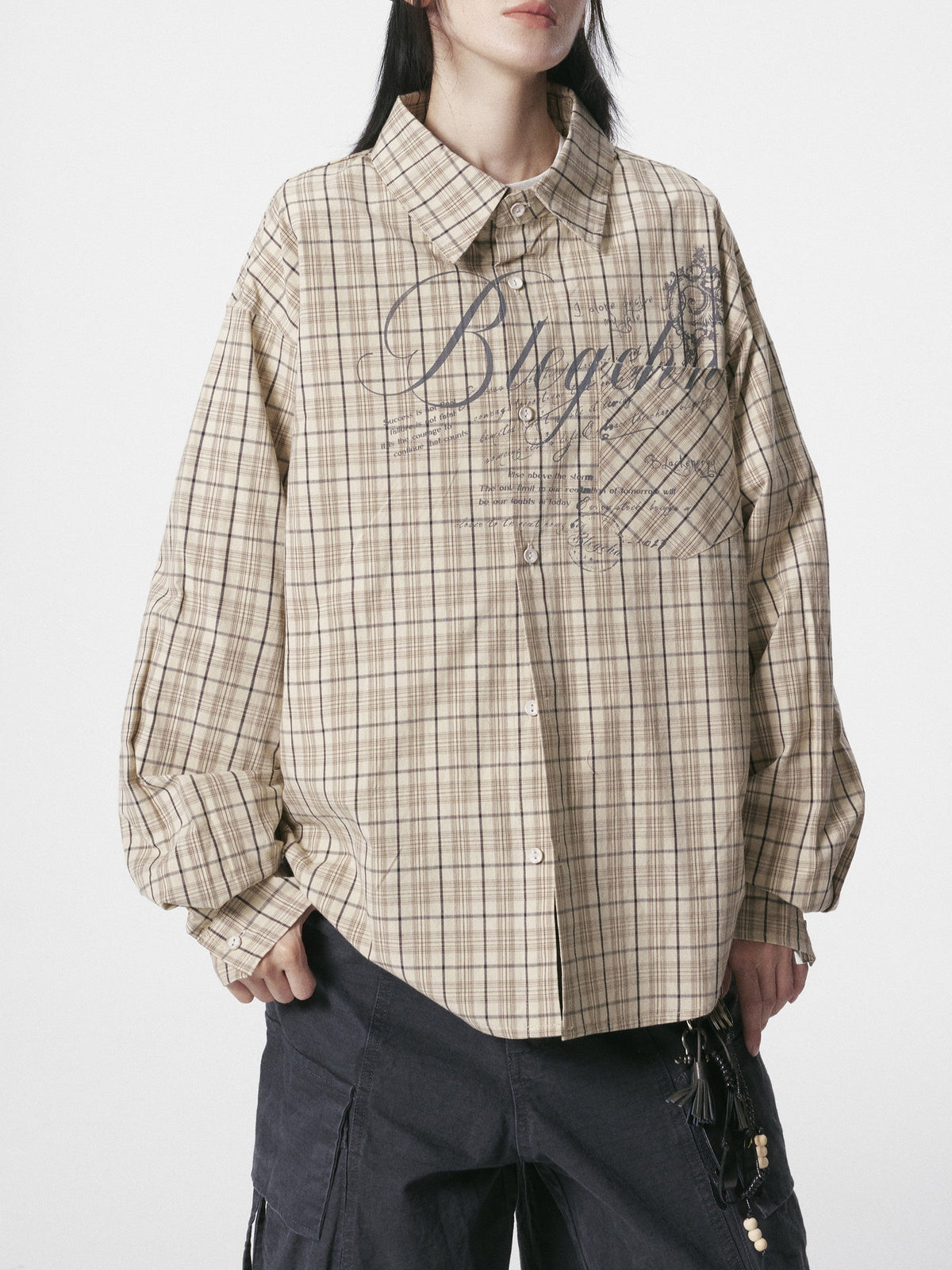 BLACK ENERGY | Ornate Script Plaid Shirt in Beige - model view