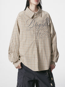 BLACK ENERGY | Ornate Script Plaid Shirt in Beige - model view