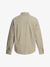 BLACK ENERGY | Ornate Script Plaid Shirt in Beige - back view