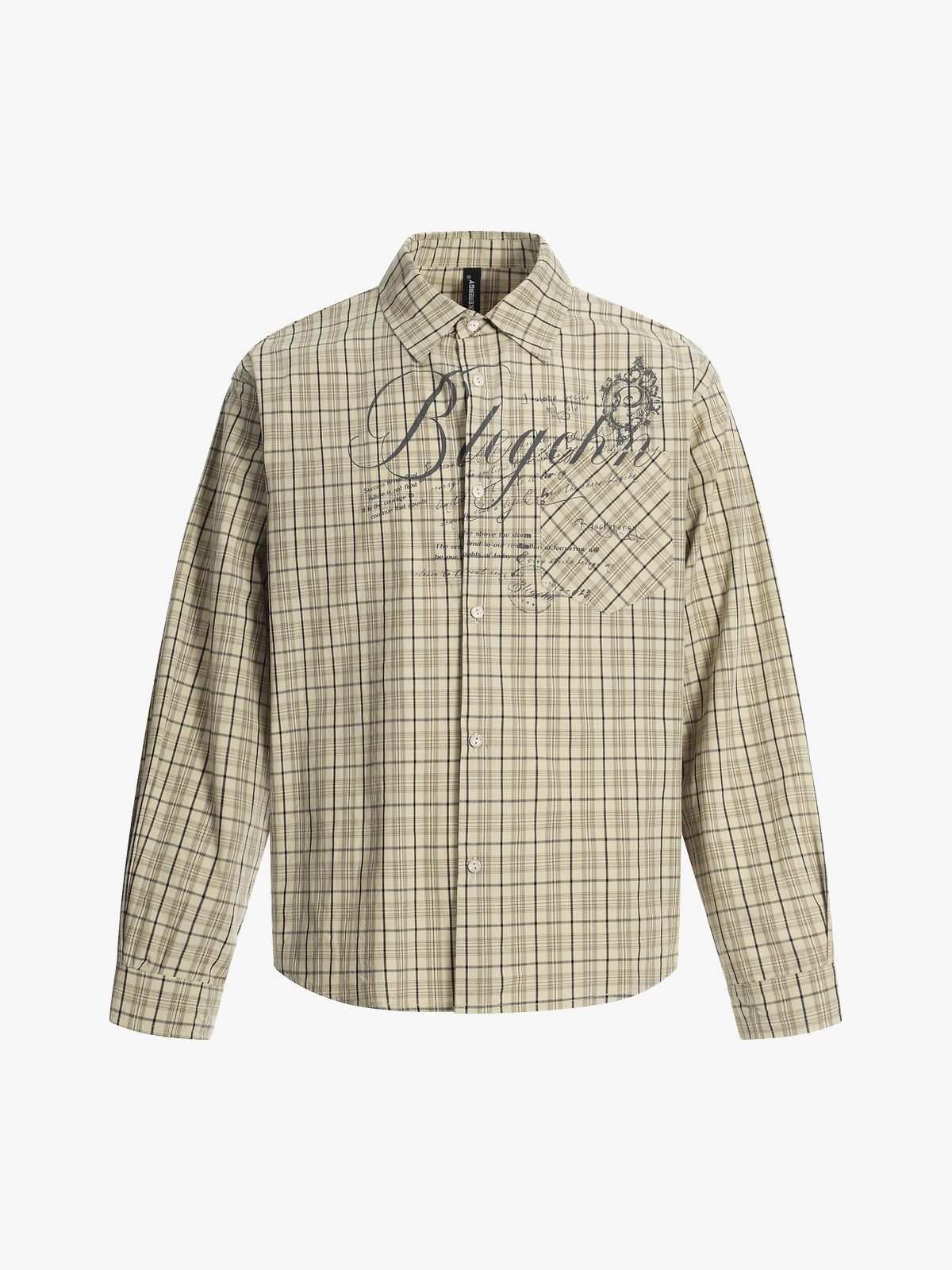 BLACK ENERGY | Ornate Script Plaid Shirt in Beige - front view