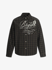 BLACK ENERGY | Ornate Script Plaid Shirt in Black - front view