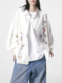BLACK ENERGY | Badge Collage Raw Hem Shirt in White - model view