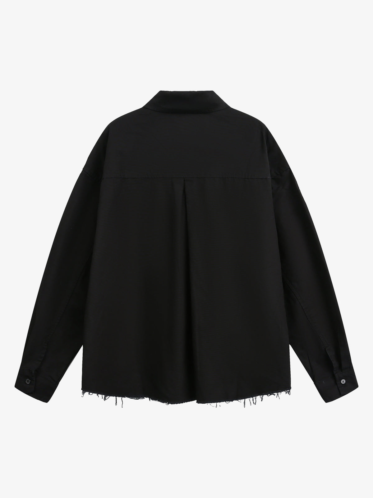 BLACK ENERGY | Badge Collage Raw Hem Shirt in Black - back view