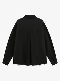 BLACK ENERGY | Badge Collage Raw Hem Shirt in Black - back view