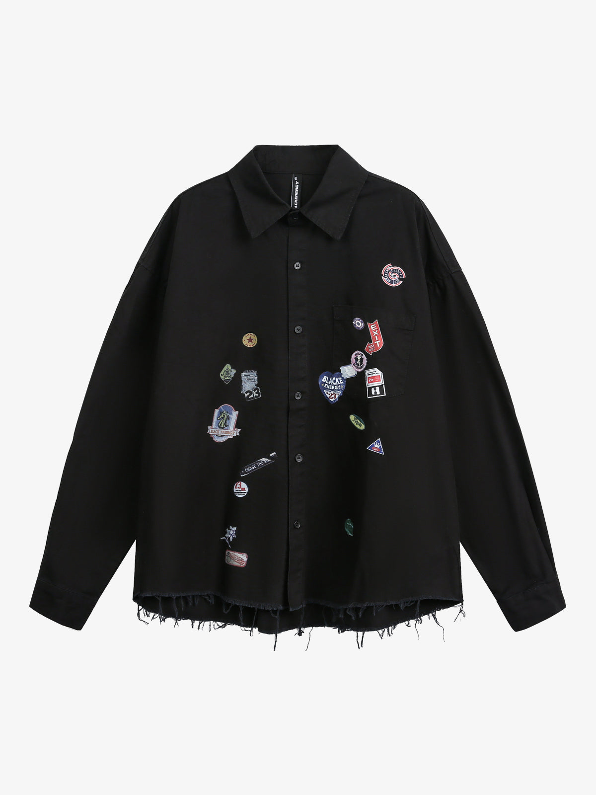 BLACK ENERGY | Badge Collage Raw Hem Shirt in Black - front view