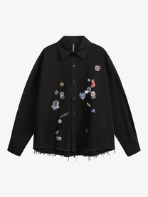 BLACK ENERGY | Badge Collage Raw Hem Shirt in Black - front view