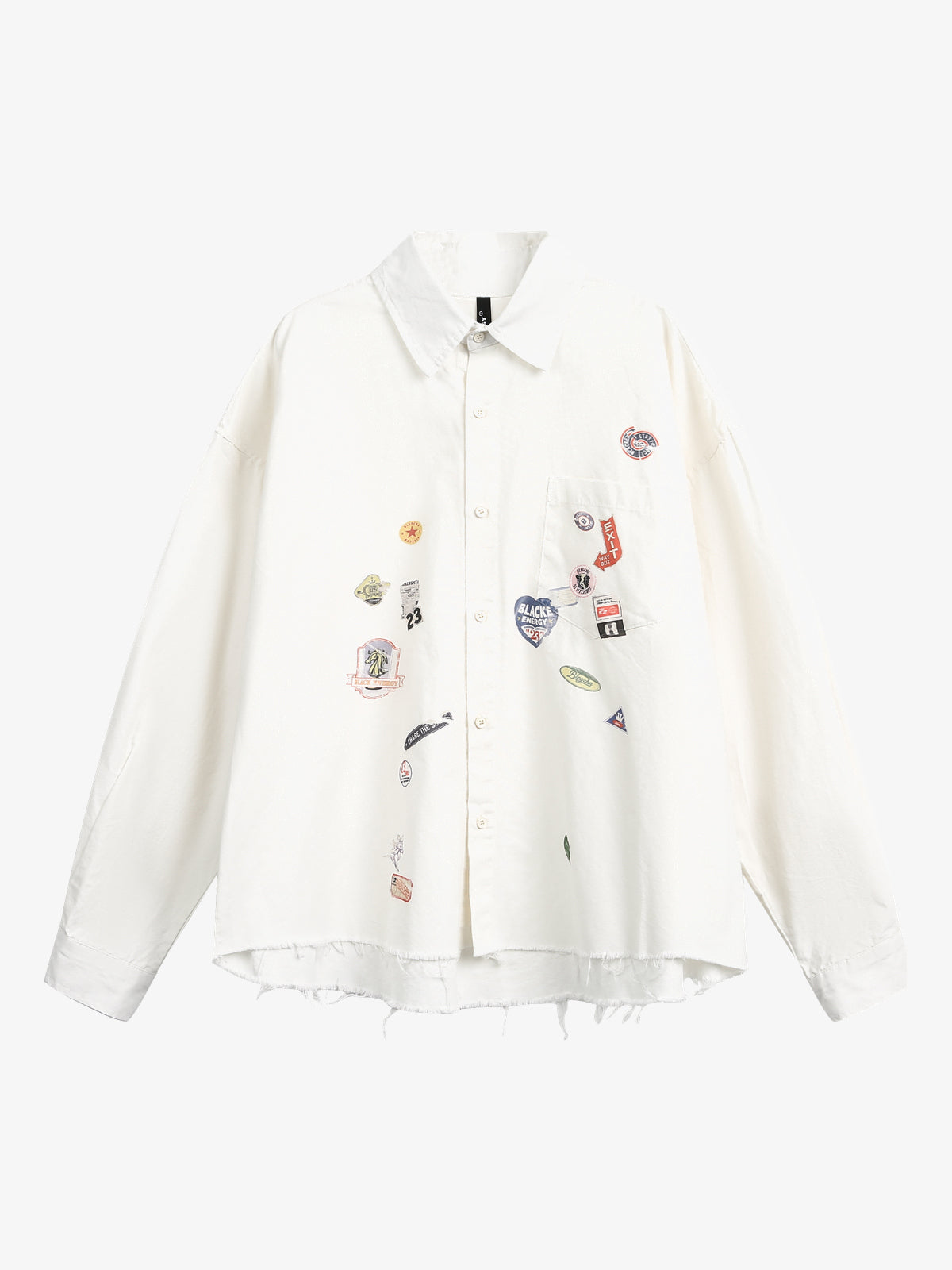 BLACK ENERGY | Badge Collage Raw Hem Shirt in White - front view