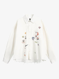 BLACK ENERGY | Badge Collage Raw Hem Shirt in White - front view