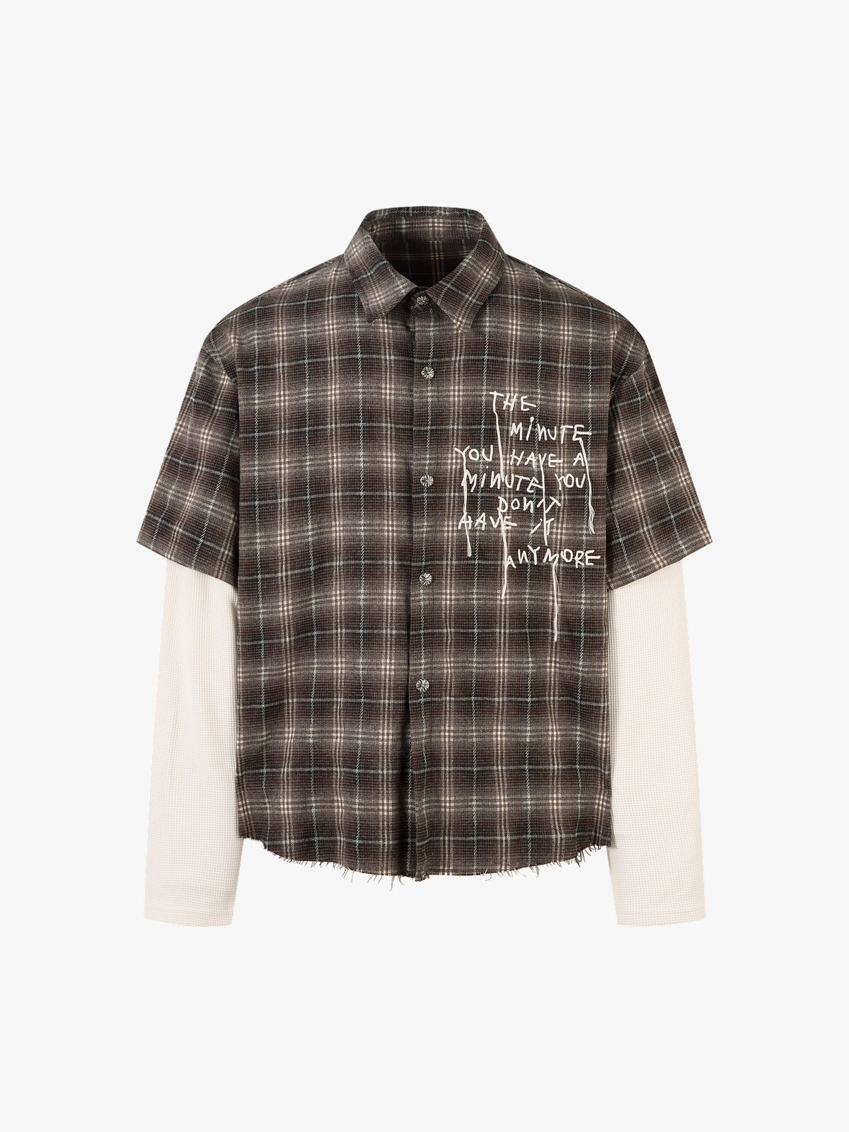 MCCNN | Handwritten Layered Sleeve Plaid Shirt in Brown - front view