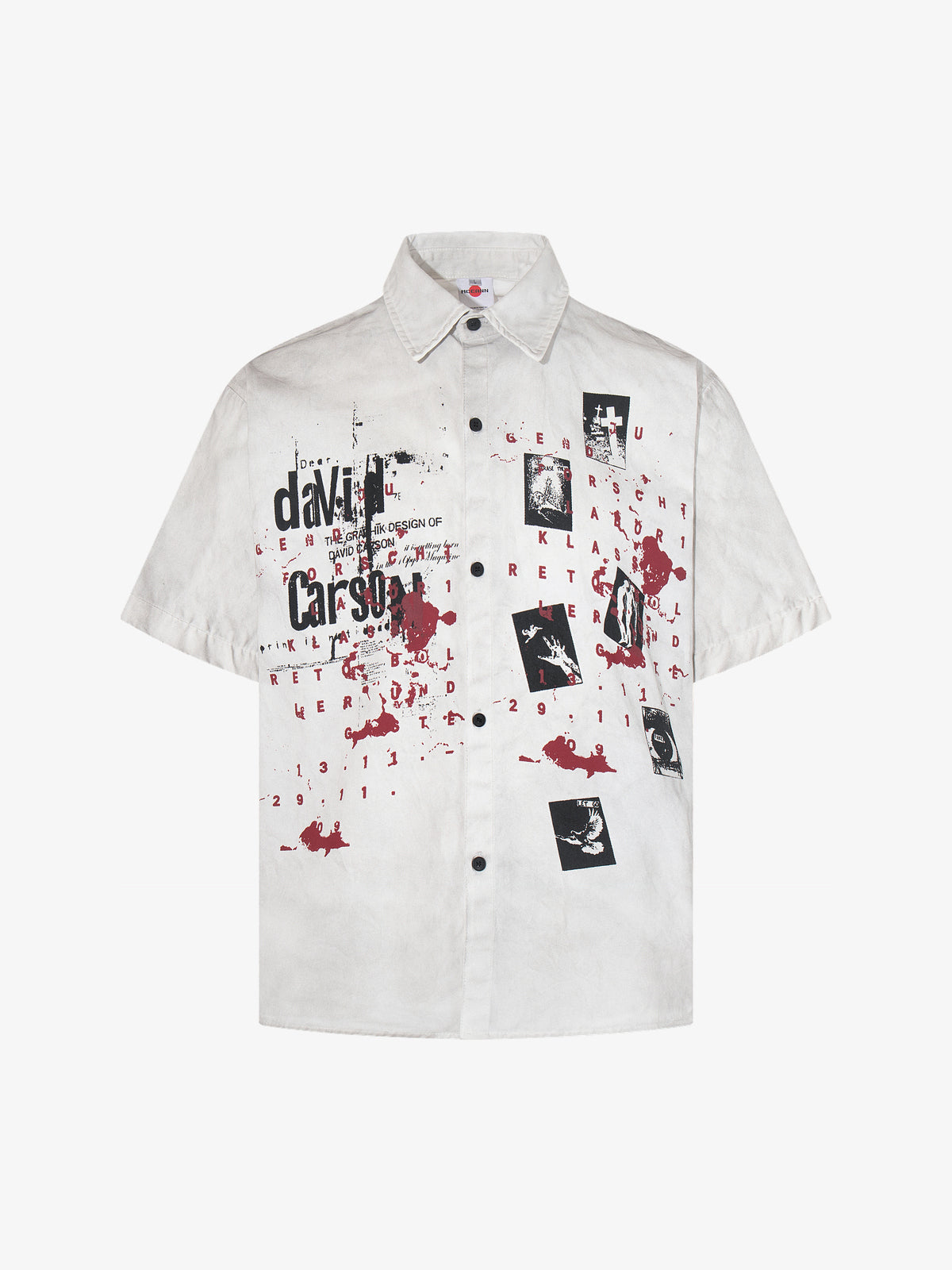 MCCNN | Distressed Poster Collage Shirt in White - front view