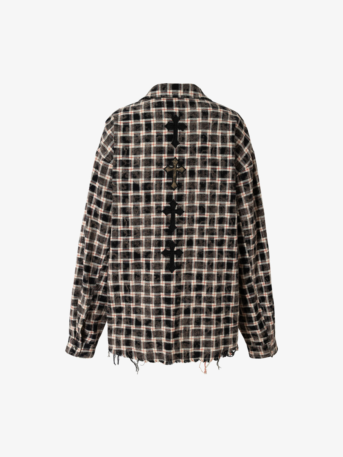 RESTARALL | Cross Appliqué Frayed Plaid Shirt in Brown - back view