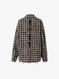 RESTARALL | Cross Appliqué Frayed Plaid Shirt in Brown - back view