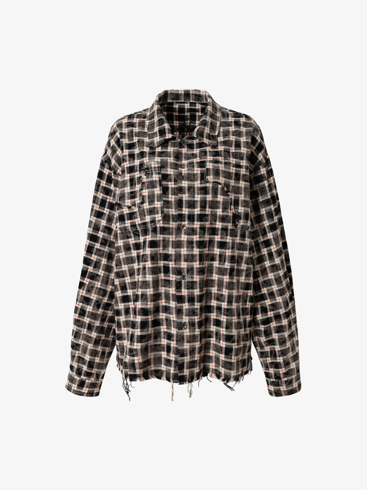 RESTARALL | Cross Appliqué Frayed Plaid Shirt in Brown - front view