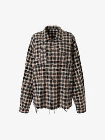 RESTARALL | Cross Appliqué Frayed Plaid Shirt in Brown - front view