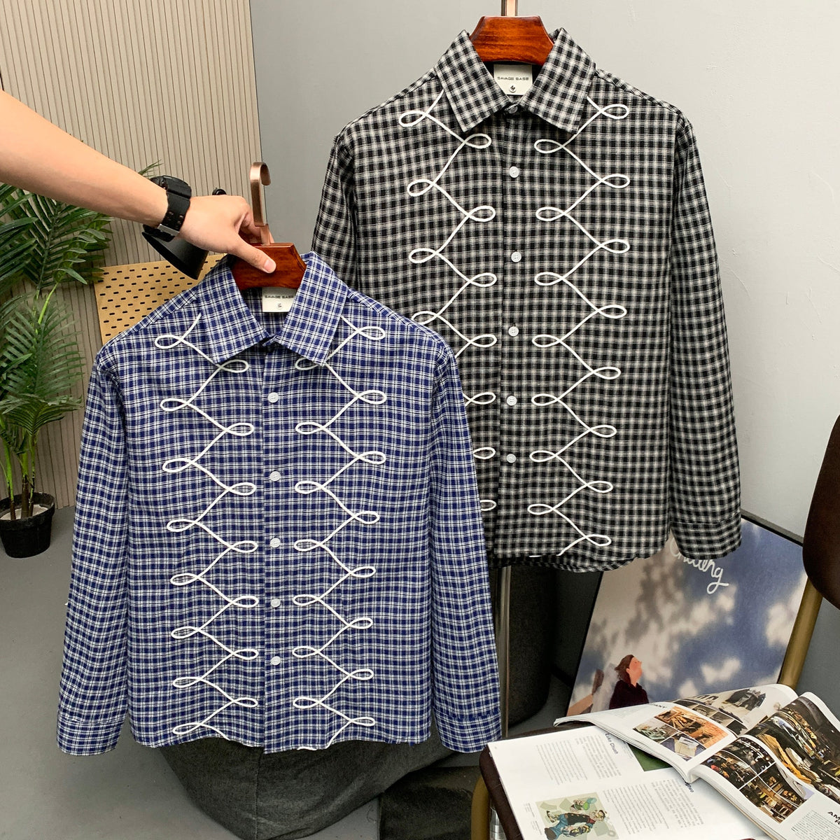 SAVAGE BASE | Embroidered Loop Pattern Plaid Shirt - lifestyle view