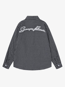 SAVAGE BASE | Embroidered Loop Pattern Plaid Shirt in Black - back view