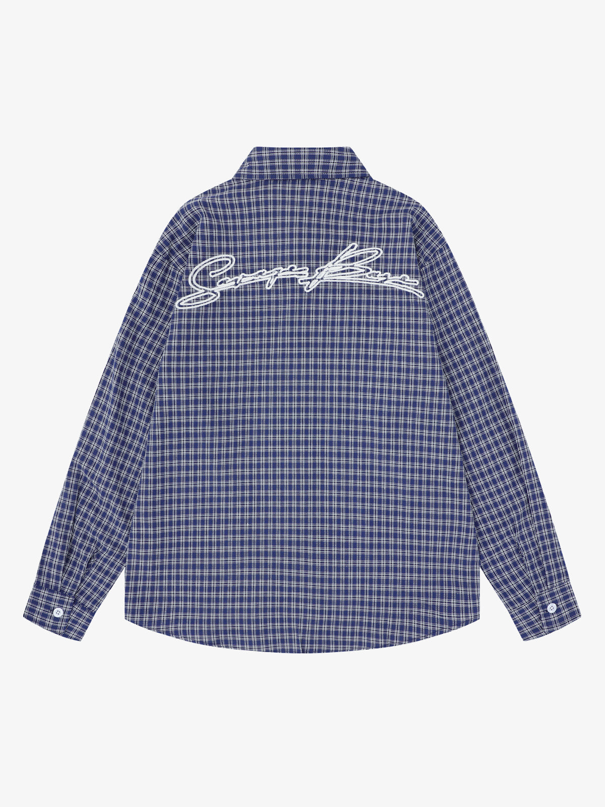 SAVAGE BASE | Embroidered Loop Pattern Plaid Shirt in Blue - back view