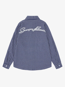 SAVAGE BASE | Embroidered Loop Pattern Plaid Shirt in Blue - back view