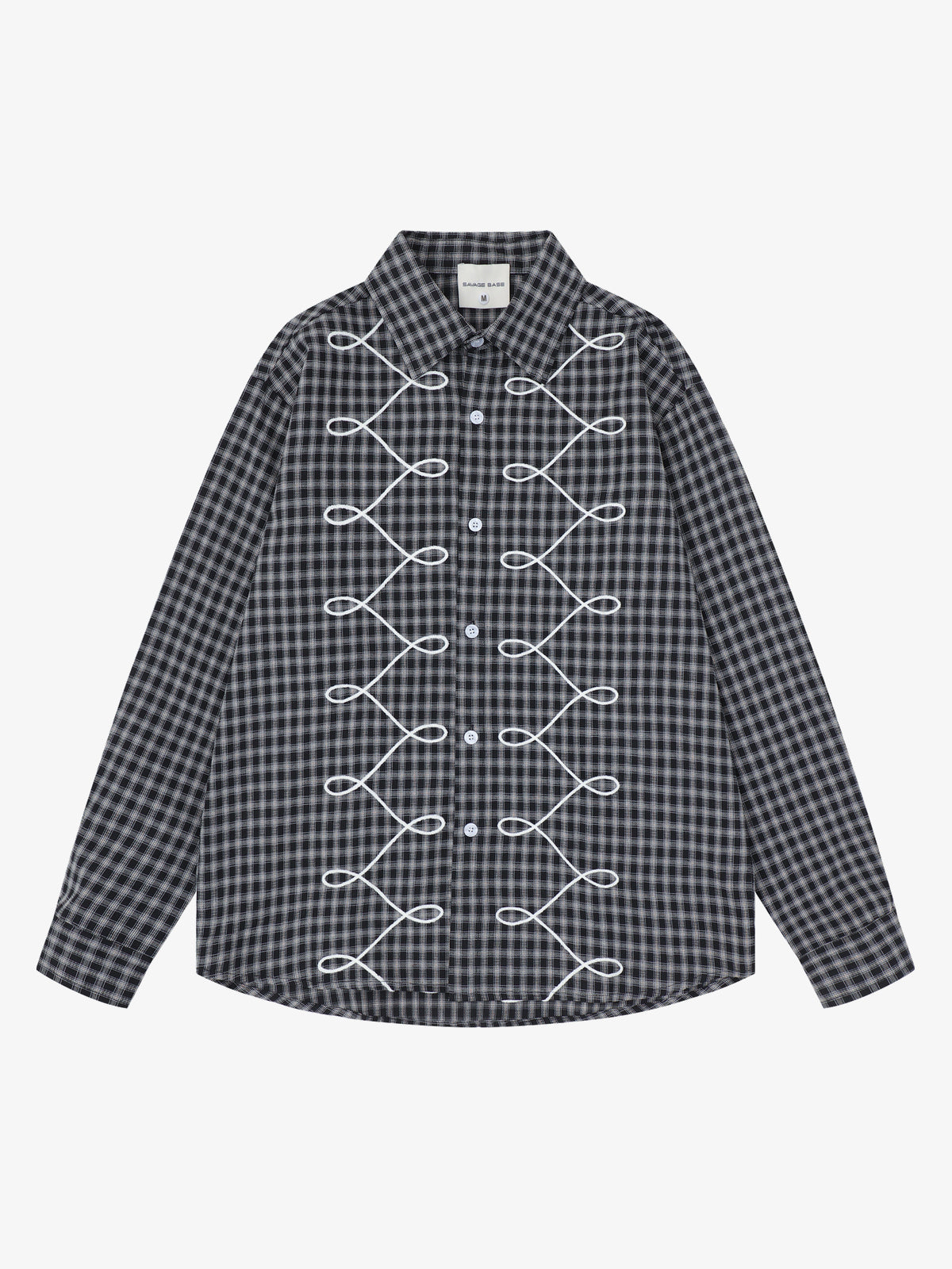 SAVAGE BASE | Embroidered Loop Pattern Plaid Shirt in Black - front view