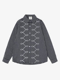 SAVAGE BASE | Embroidered Loop Pattern Plaid Shirt in Black - front view