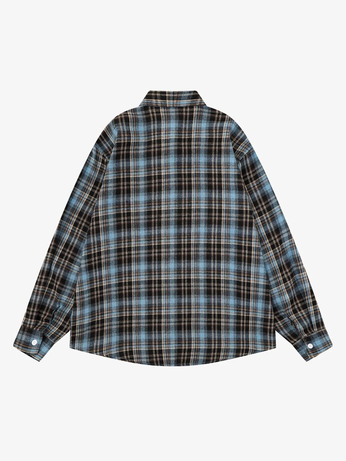 SAVAGE BASE | Paint Splatter Plaid Shirt in Blue - back view