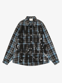 SAVAGE BASE | Paint Splatter Plaid Shirt in Blue - front view