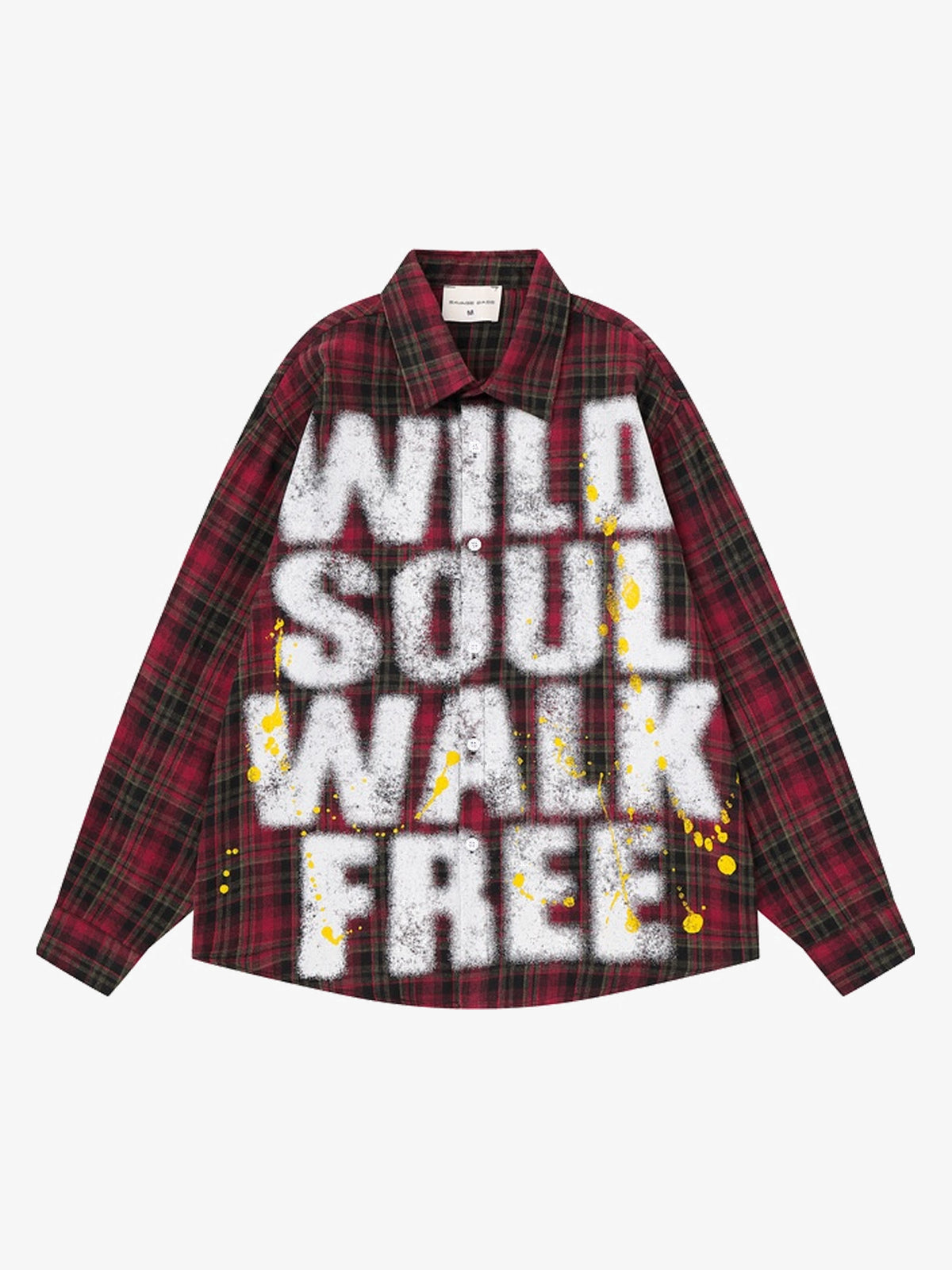 SAVAGE BASE | Paint Splatter Plaid Shirt in Red - front view
