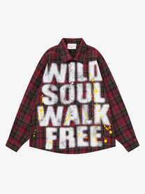 SAVAGE BASE | Paint Splatter Plaid Shirt in Red - front view