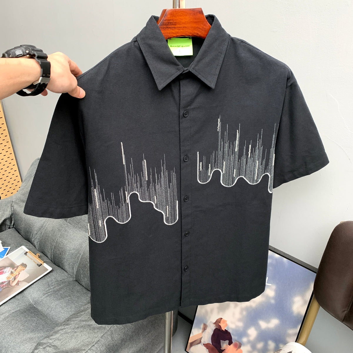 SAVAGE BASE | Embroidered Wavy Skyline Shirt in Black - lifestyle view