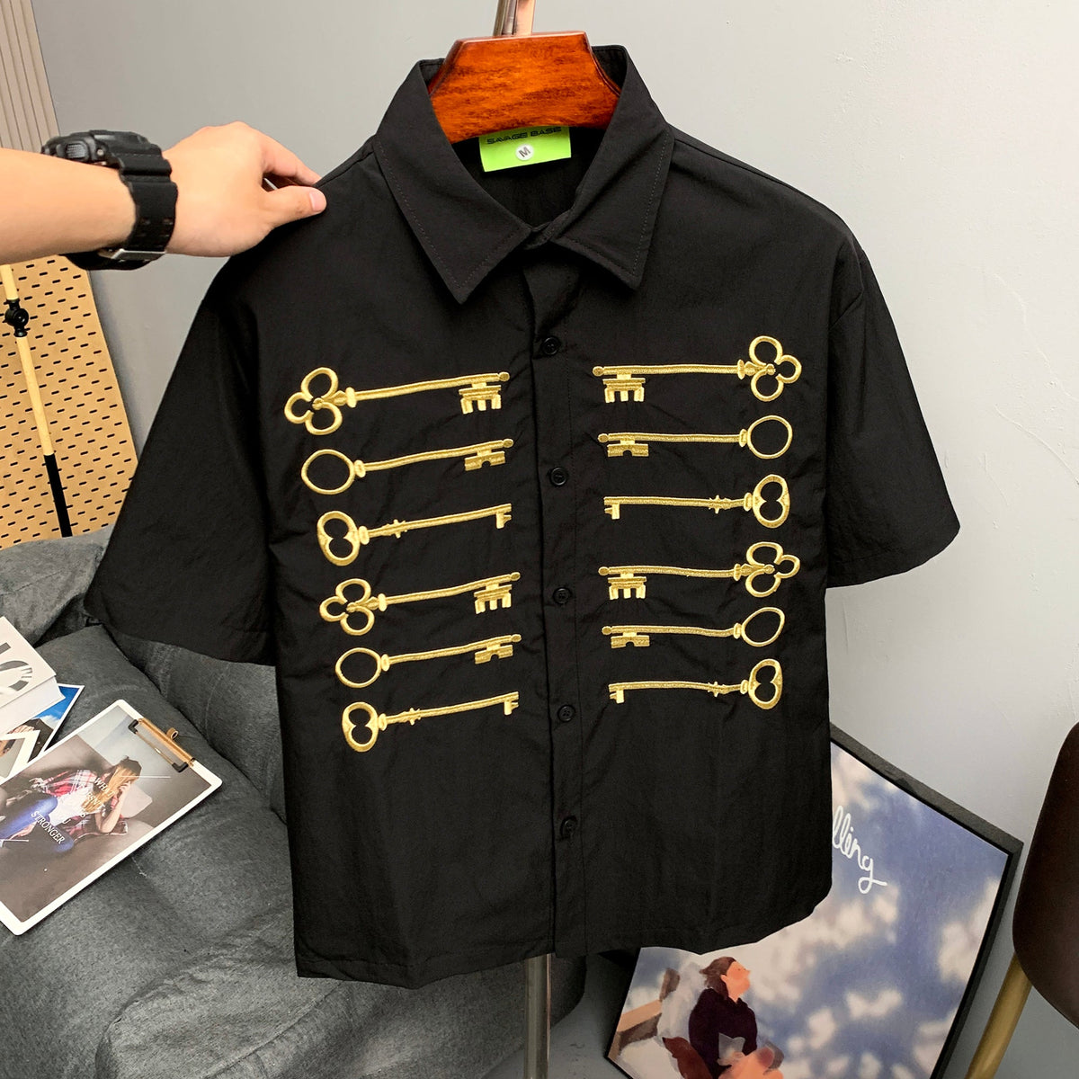 SAVAGE BASE | Embroidered Key Motif Shirt in Black - lifestyle view