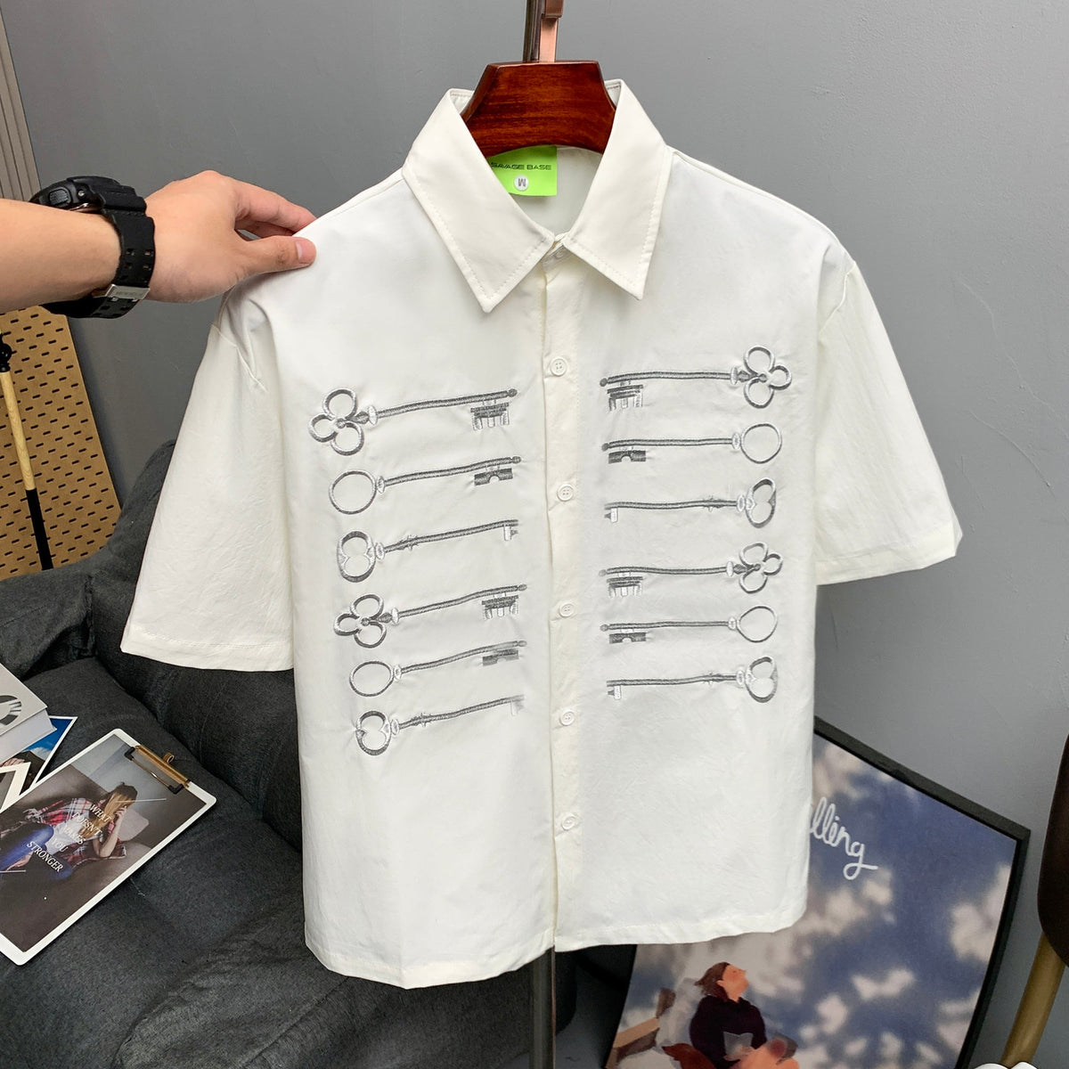 SAVAGE BASE | Embroidered Key Motif Shirt in White - lifestyle view