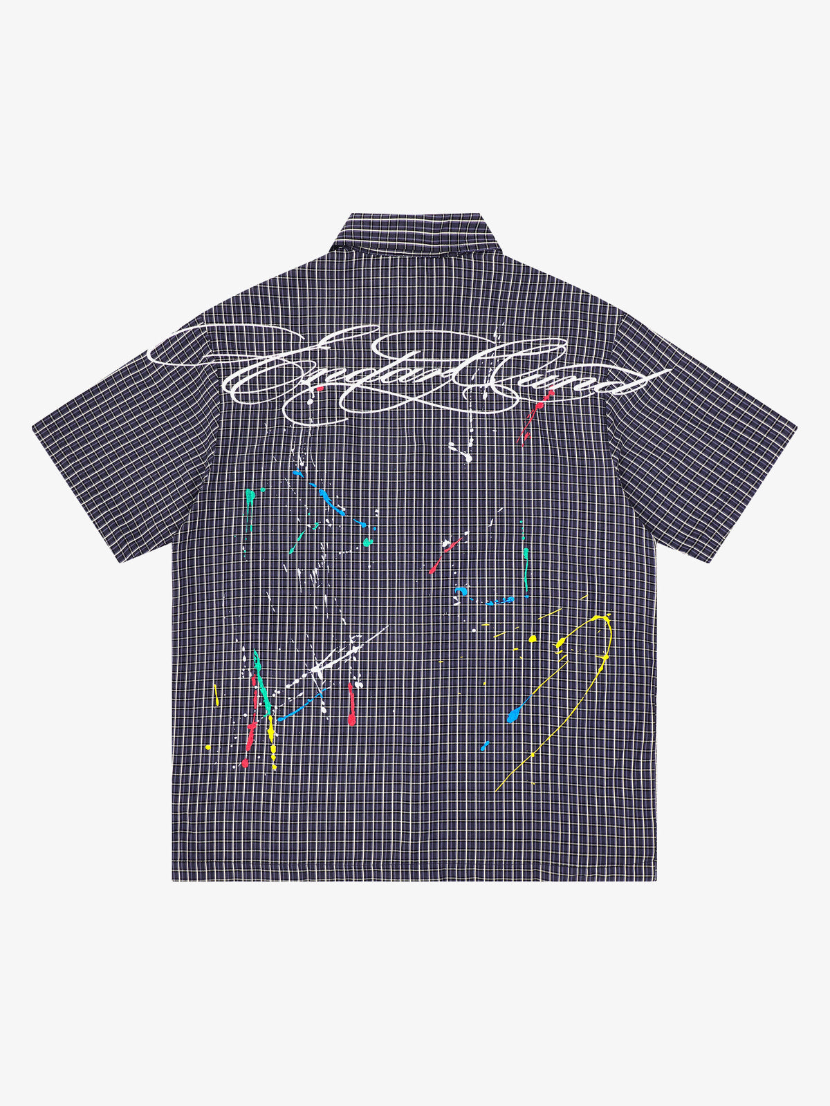SAVAGE BASE | Paint Splatter Script Plaid Shirt in Black - back view