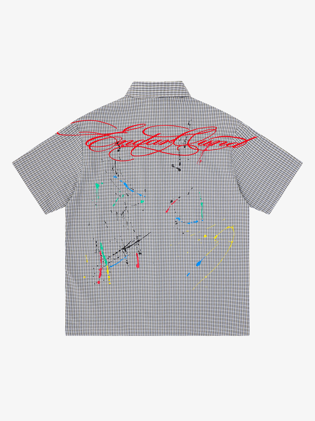 SAVAGE BASE | Paint Splatter Script Plaid Shirt in Gray - back view