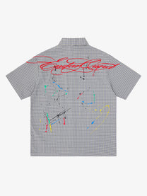SAVAGE BASE | Paint Splatter Script Plaid Shirt in Gray - back view