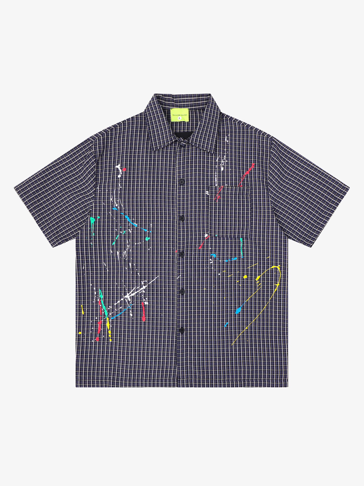 SAVAGE BASE | Paint Splatter Script Plaid Shirt in Black - front view
