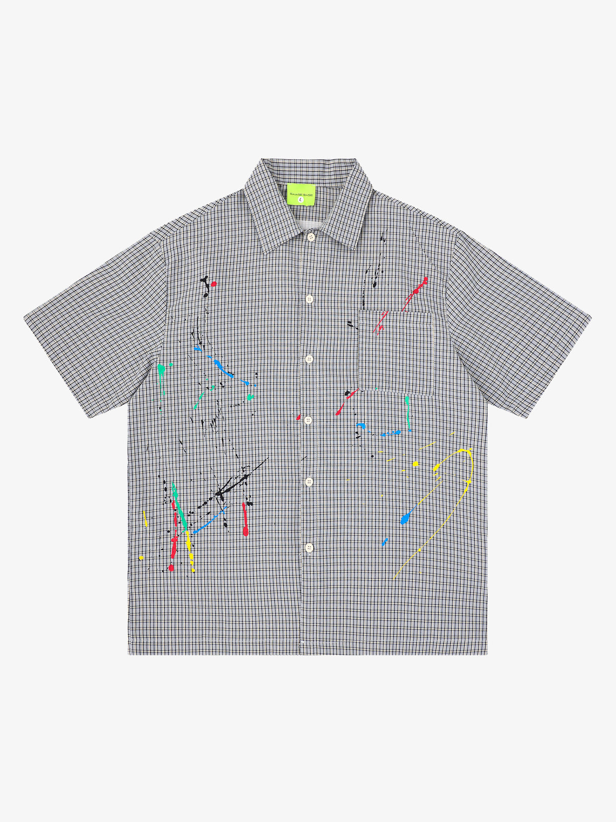 SAVAGE BASE | Paint Splatter Script Plaid Shirt in Gray - front view
