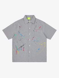 SAVAGE BASE | Paint Splatter Script Plaid Shirt in Gray - front view