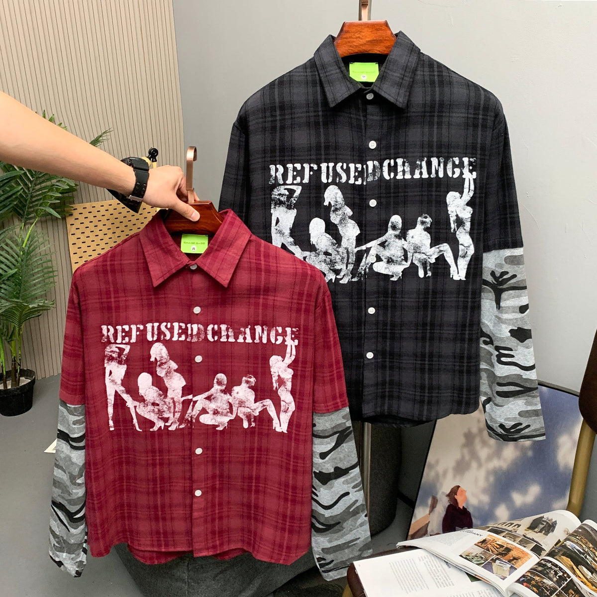 SAVAGE BASE | Portrait Layered Sleeve Plaid Shirt - lifestyle view