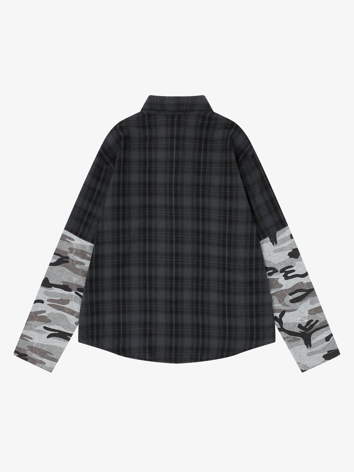 SAVAGE BASE | Portrait Layered Sleeve Plaid Shirt in Black - back view
