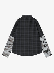 SAVAGE BASE | Portrait Layered Sleeve Plaid Shirt in Black - back view
