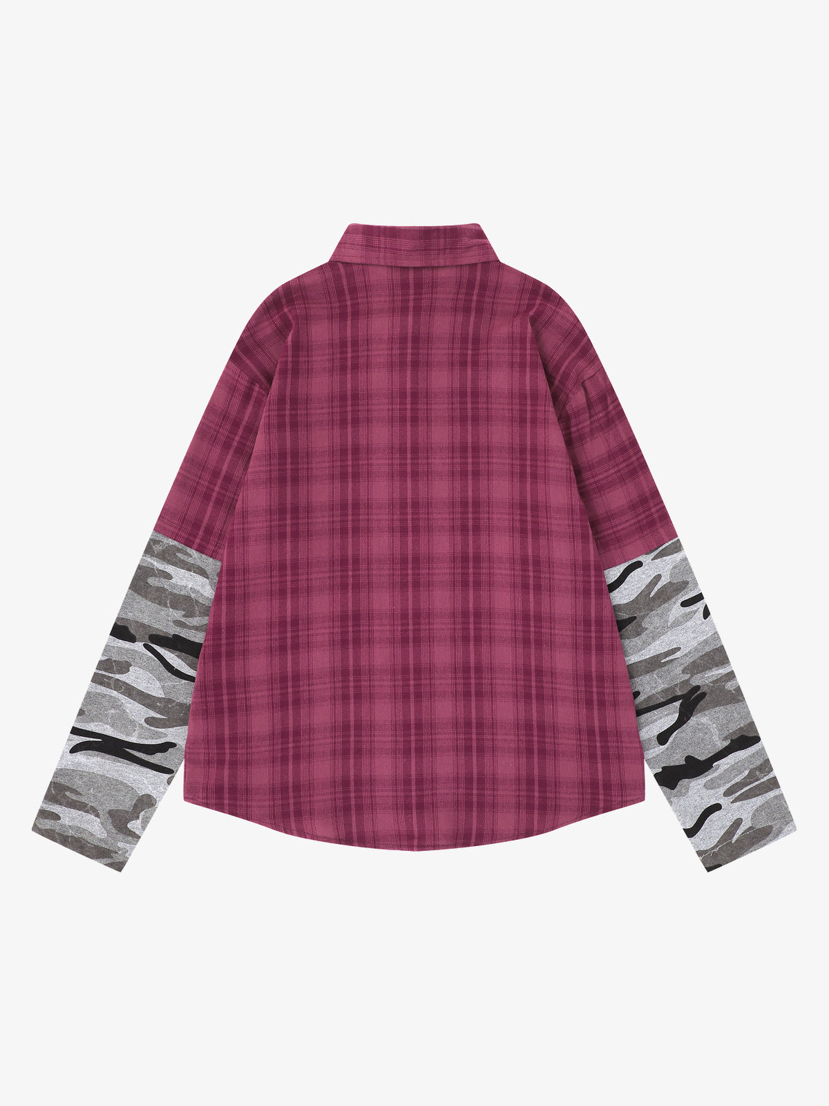 SAVAGE BASE | Portrait Layered Sleeve Plaid Shirt in Red - back view
