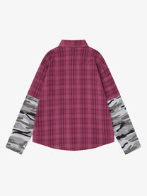 SAVAGE BASE | Portrait Layered Sleeve Plaid Shirt in Red - back view